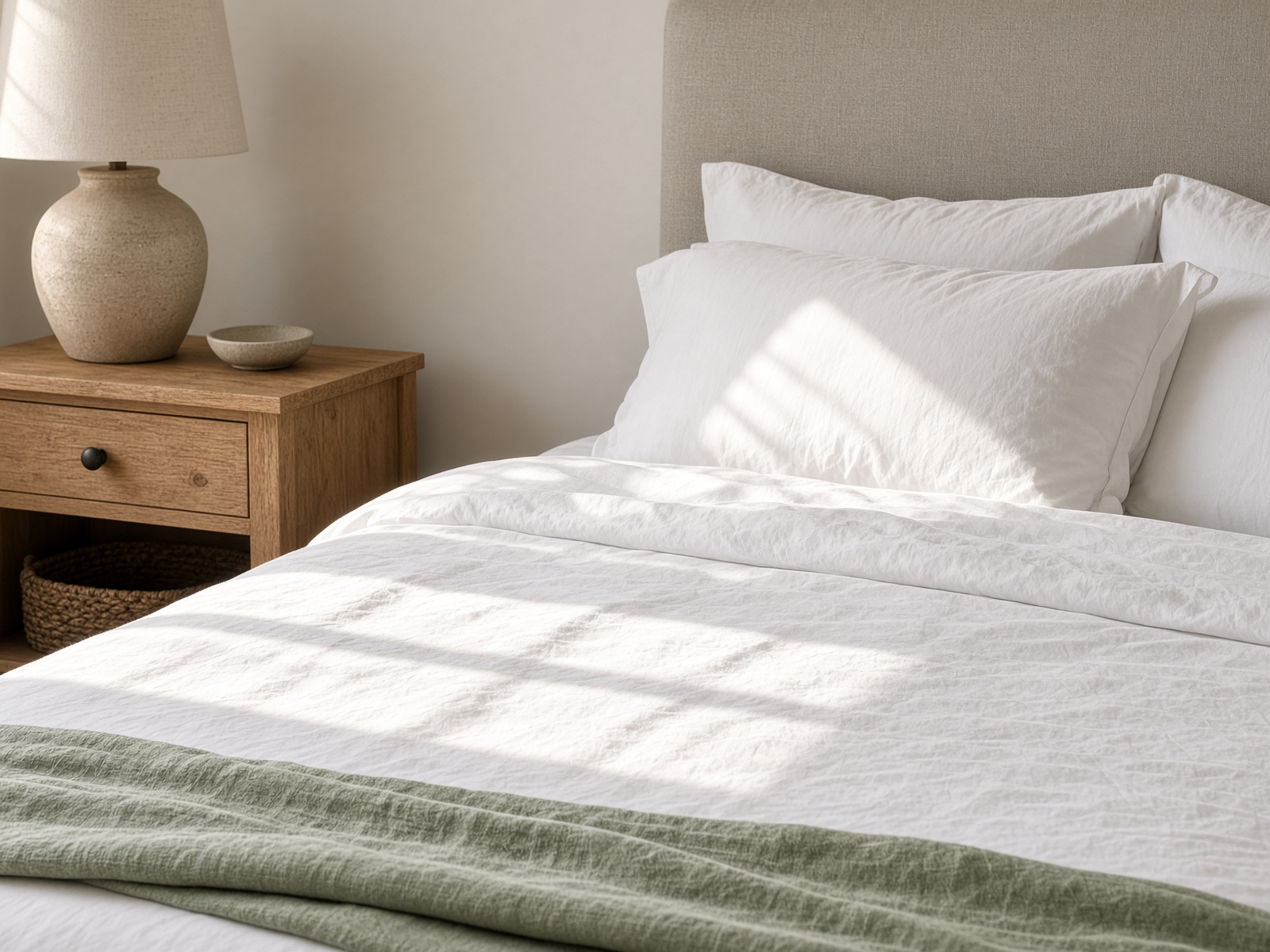A freshly made guest bed with a sage throw