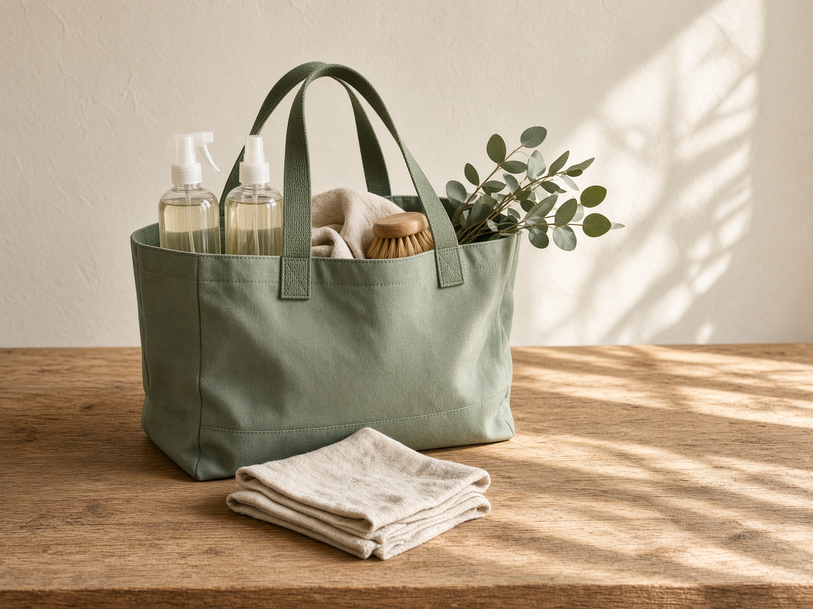 Cleaning caddy with glass bottles and linen cloths